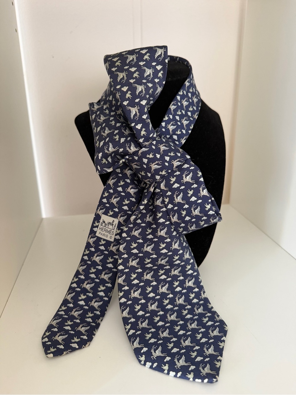 Hermès Navy and White Silk Scarf with Bird Print